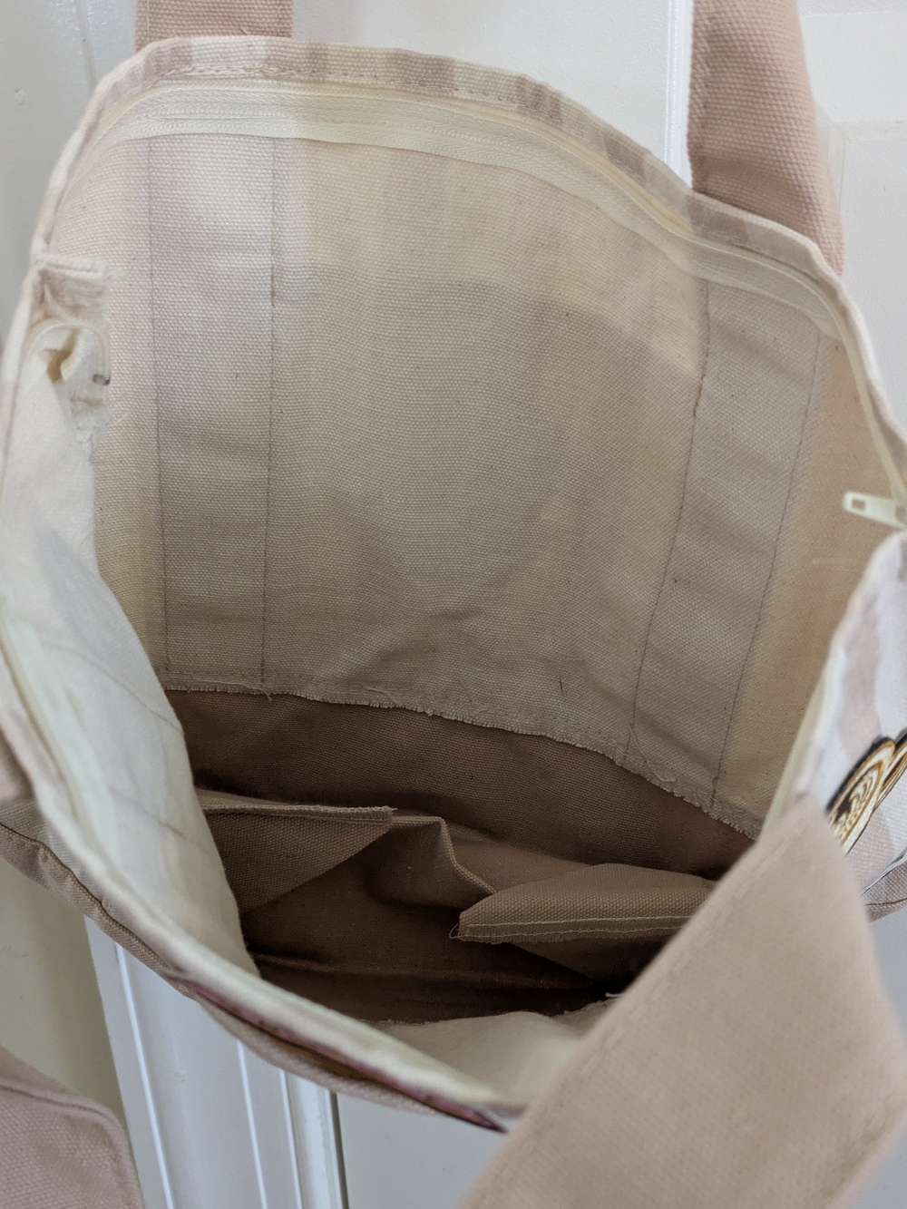 Trader Joe's Striped Mini Canvas Tote Bag Desert Sand with patches and zipper - Picture 6 of 7
